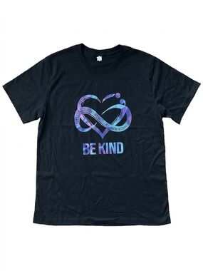 Be Kind Awareness Graphic Tee Iridescent Infinity Heart Black Shirt